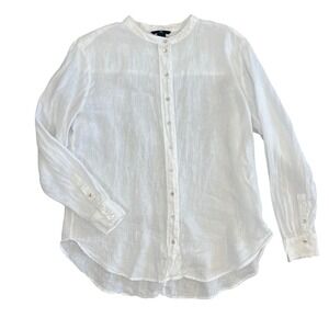 HM Womens White 100% Linen Mandarin Collar Button Down Shirt Size 14 Relaxed Fit